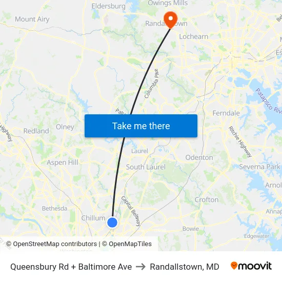 Queensbury Rd + Baltimore Ave to Randallstown, MD map