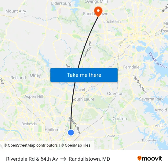 Riverdale Rd & 64th Av to Randallstown, MD map