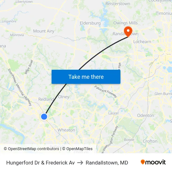 Hungerford Dr & Frederick Av to Randallstown, MD map