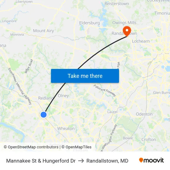 Mannakee St & Hungerford  Dr to Randallstown, MD map