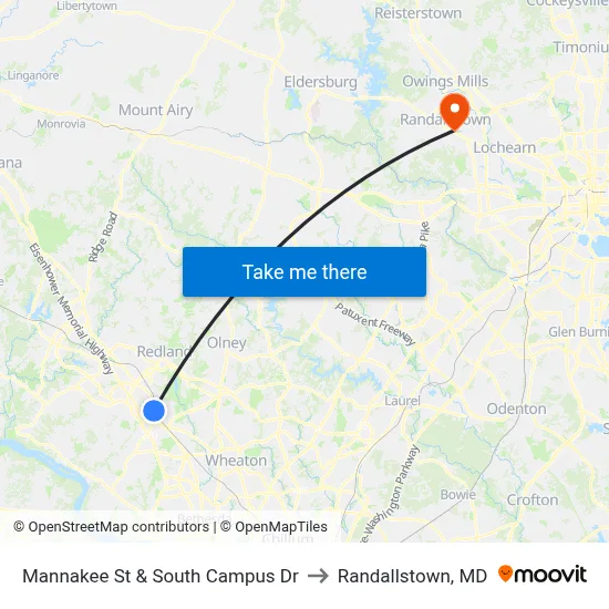 Mannakee St & South Campus Dr to Randallstown, MD map