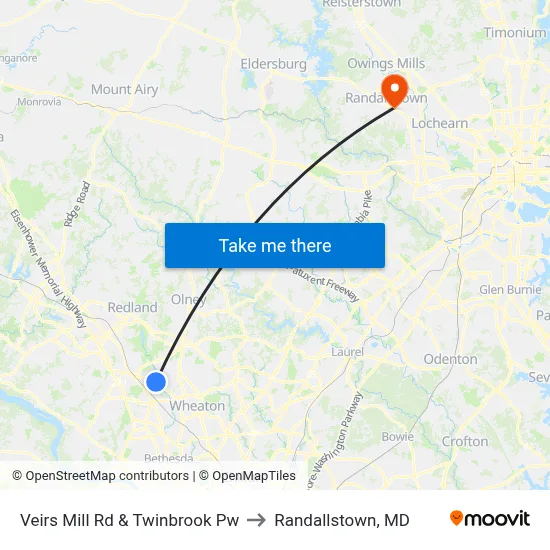 Veirs Mill Rd & Twinbrook Pw to Randallstown, MD map