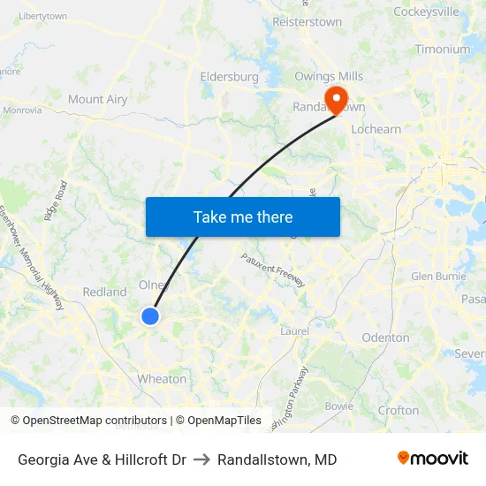Georgia Ave & Hillcroft Dr to Randallstown, MD map