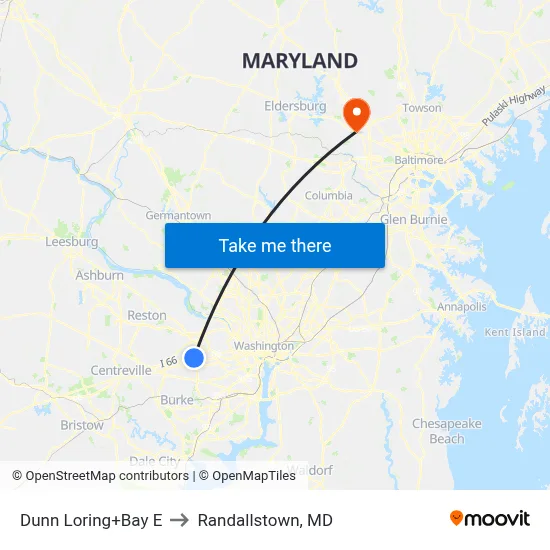 Dunn Loring+Bay E to Randallstown, MD map
