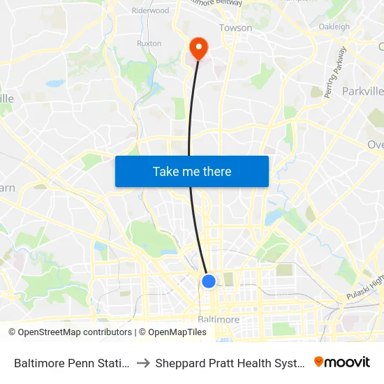 Baltimore Penn Station to Sheppard Pratt Health System map
