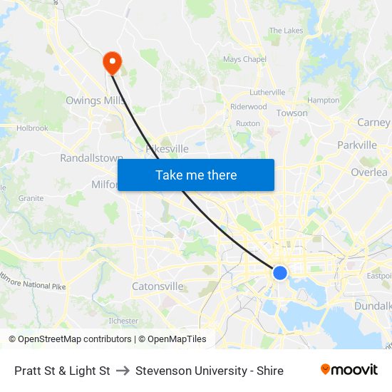 Pratt St & Light St to Stevenson University - Shire map