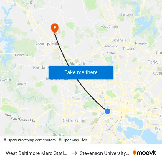 West Baltimore Marc Station Bay 1 to Stevenson University - Shire map