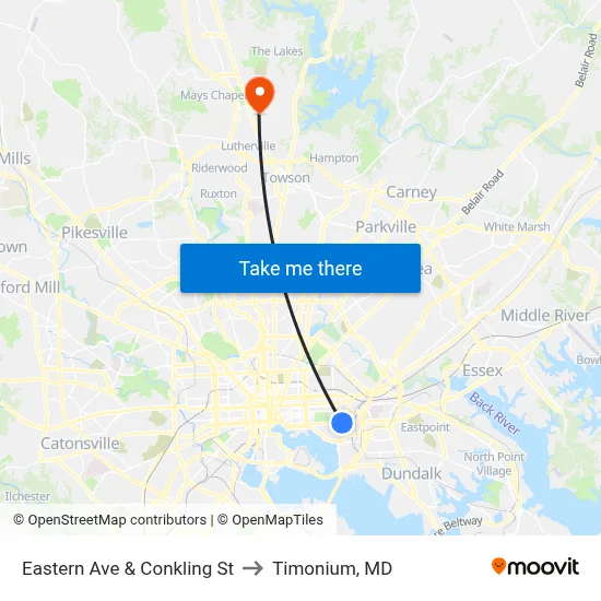 Eastern Ave & Conkling St to Timonium, MD map