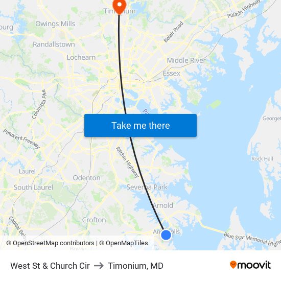 West St & Church Cir to Timonium, MD map