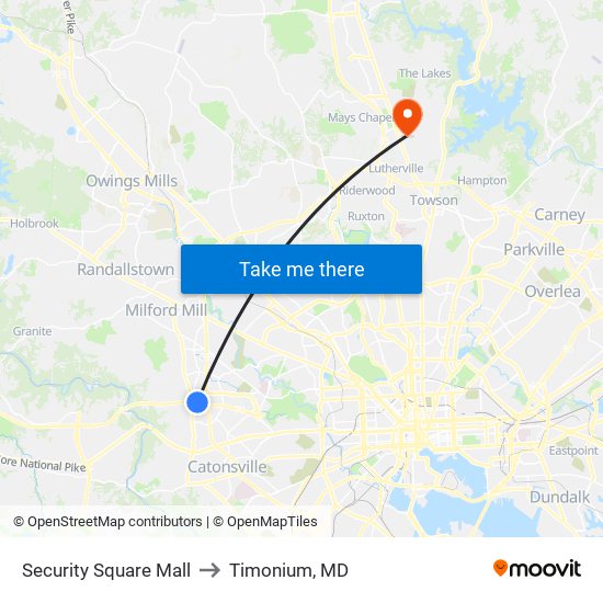 Security Square Mall to Timonium, MD map