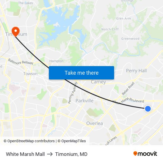 White Marsh Mall to Timonium, MD map