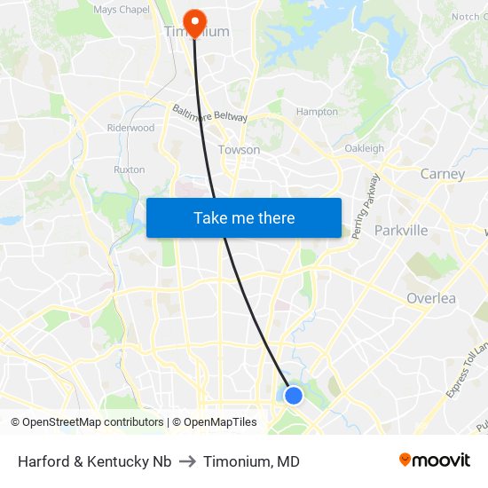 Harford & Kentucky Nb to Timonium, MD map