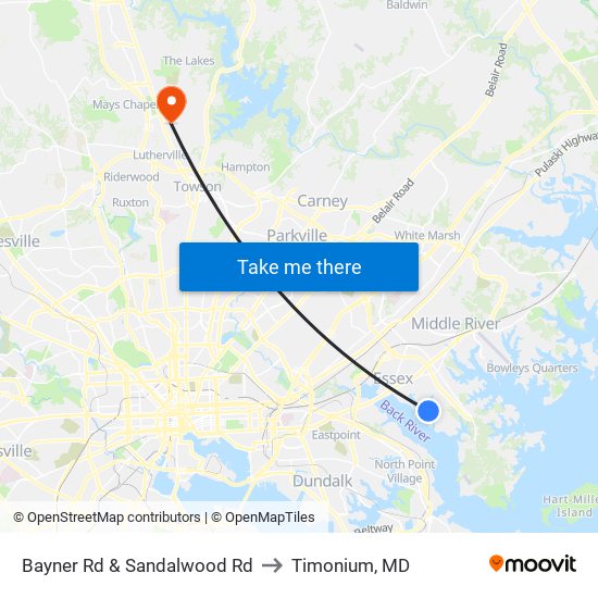 Bayner Rd & Sandalwood Rd to Timonium, MD map