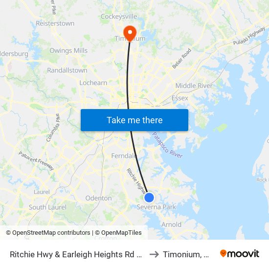 Ritchie Hwy & Earleigh Heights Rd Sb to Timonium, MD map