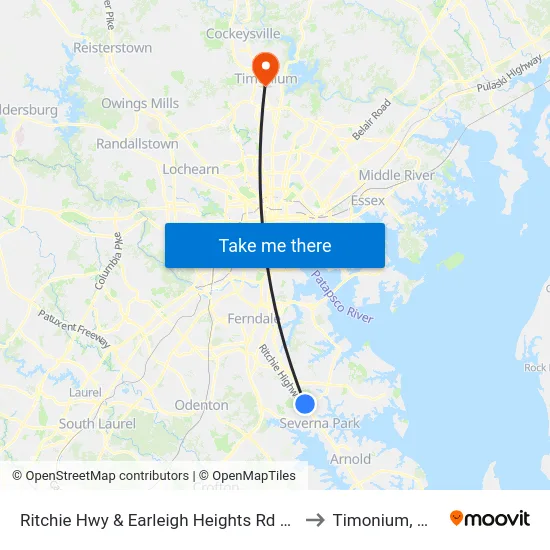 Ritchie Hwy & Earleigh Heights Rd Sb to Timonium, MD map
