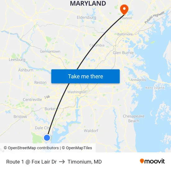 Route 1 @ Fox Lair Dr to Timonium, MD map