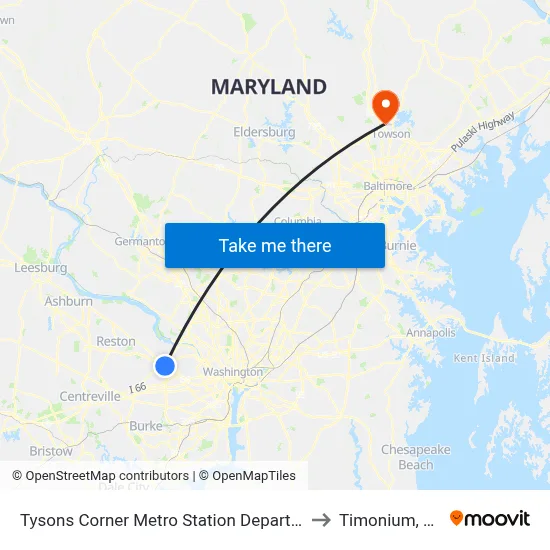 Tysons Corner Metro Station Departures to Timonium, MD map