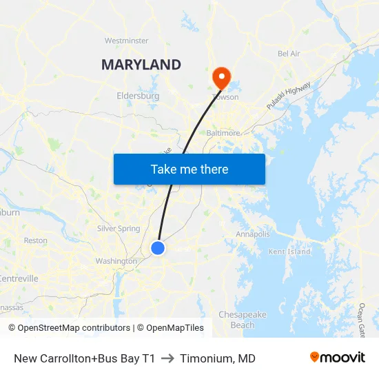 New Carrollton+Bus Bay T1 to Timonium, MD map