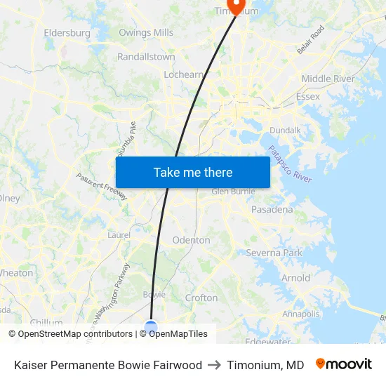 Kaiser Permanente Bowie Fairwood to Timonium, MD map