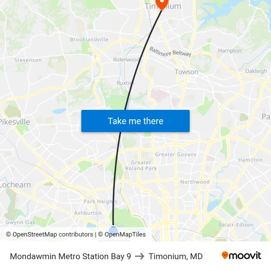 Mondawmin Metro Station Bay 9 to Timonium, MD map