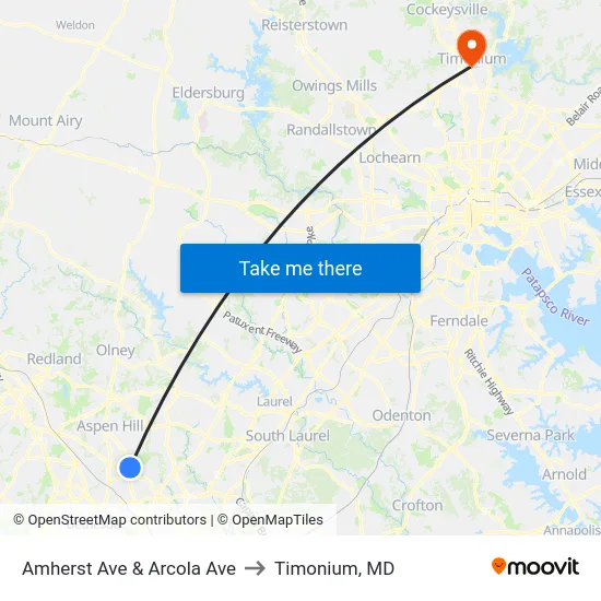 Amherst Ave & Arcola Ave to Timonium, MD map