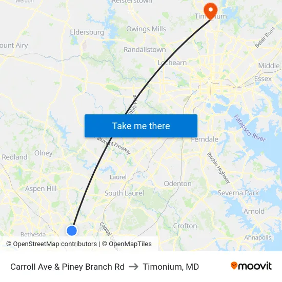 Carroll Ave & Piney Branch Rd to Timonium, MD map