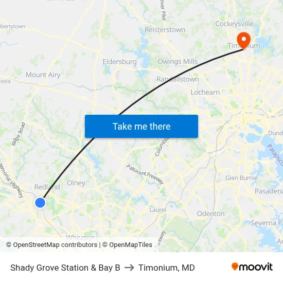Shady Grove Station & Bay B to Timonium, MD map