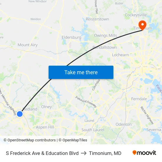 S Frederick Ave & Education Blvd to Timonium, MD map