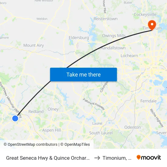 Great Seneca Hwy & Quince Orchard Rd to Timonium, MD map