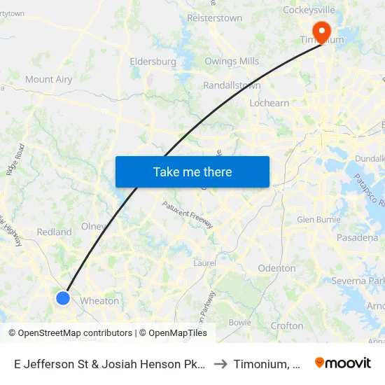 E Jefferson St & Josiah Henson Pkwy to Timonium, MD map