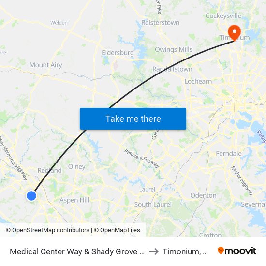 Medical Center Way & Shady Grove Rd to Timonium, MD map