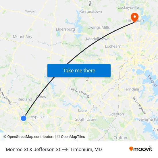 Monroe St & Jefferson St to Timonium, MD map