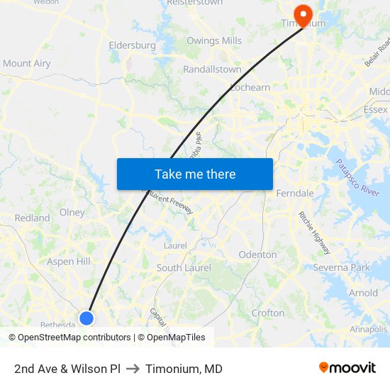 2nd Ave & Wilson Pl to Timonium, MD map