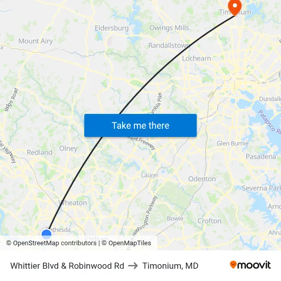 Whittier Blvd & Robinwood Rd to Timonium, MD map