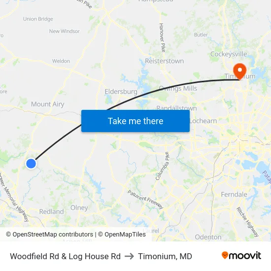 Woodfield Rd & Log House Rd to Timonium, MD map