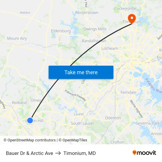 Bauer Dr & Arctic Ave to Timonium, MD map