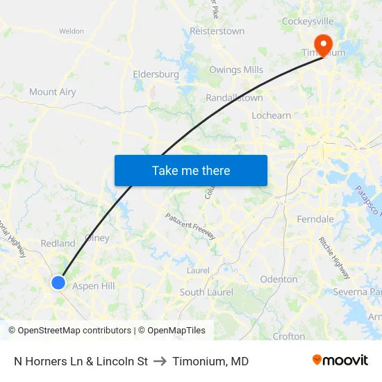 N Horners Ln & Lincoln St to Timonium, MD map