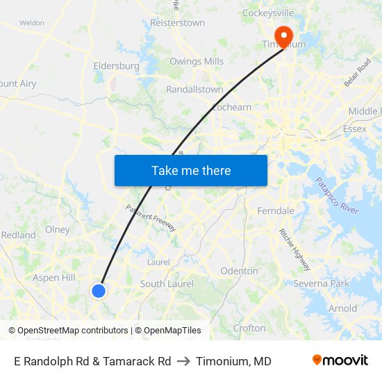 E Randolph Rd & Tamarack Rd to Timonium, MD map