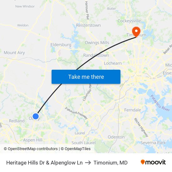 Heritage Hills Dr & Alpenglow Ln to Timonium, MD map