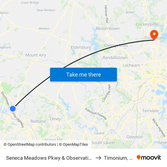 Seneca Meadows Pkwy & Observation Dr to Timonium, MD map