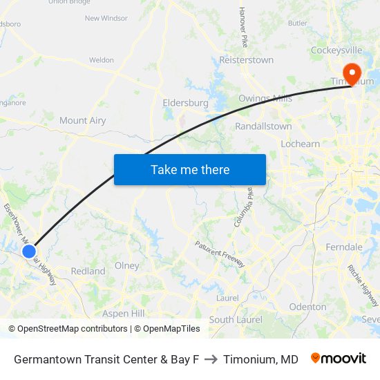 Germantown Transit Center & Bay F to Timonium, MD map