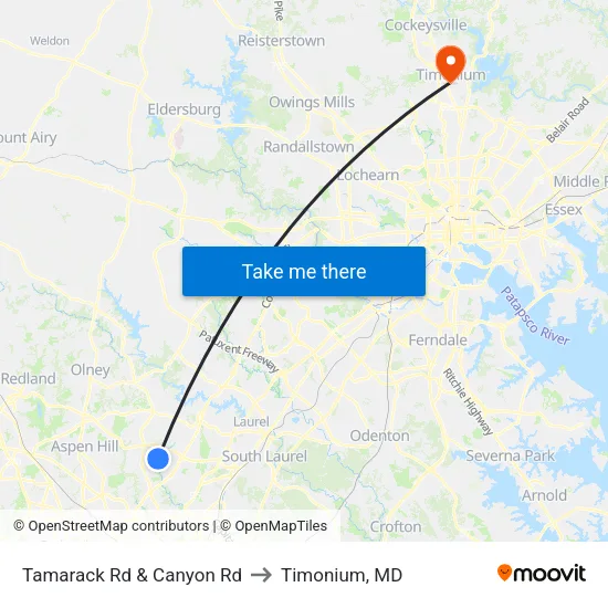 Tamarack Rd & Canyon Rd to Timonium, MD map