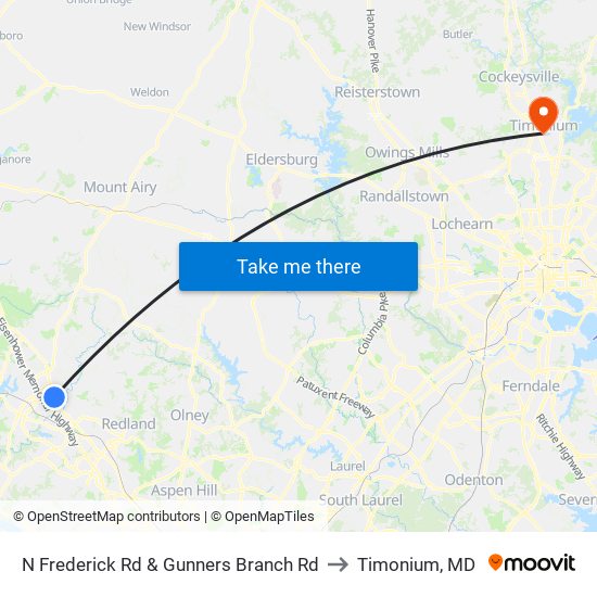 N Frederick Rd & Gunners Branch Rd to Timonium, MD map