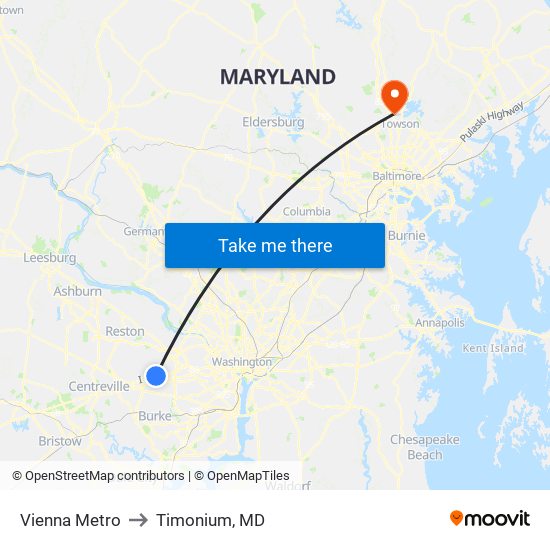 Vienna Metro to Timonium, MD map