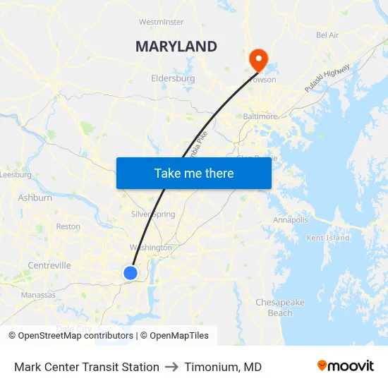 Mark Center Transit Station to Timonium, MD map