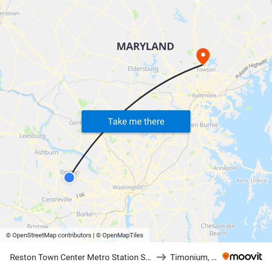 Reston Town Center Metro Station S Bay B to Timonium, MD map