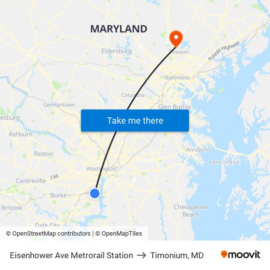 Eisenhower Ave Metrorail Station to Timonium, MD map