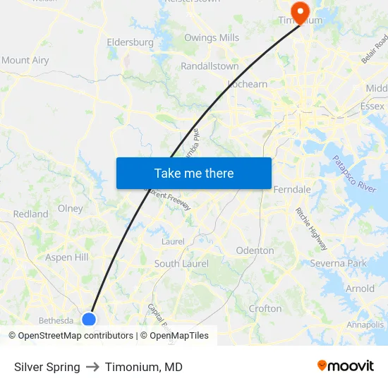 Silver Spring to Timonium, MD map