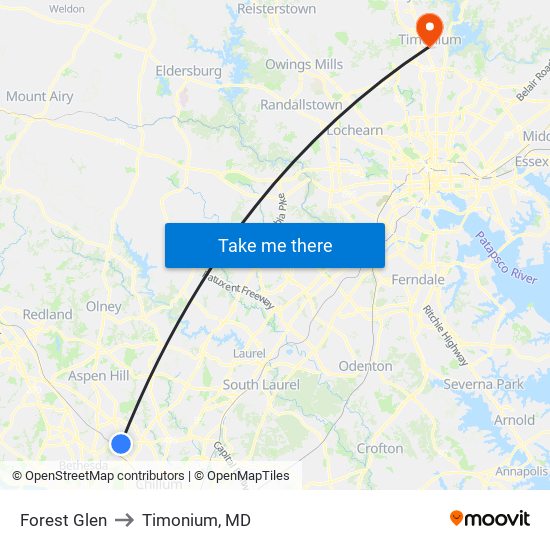 Forest Glen to Timonium, MD map