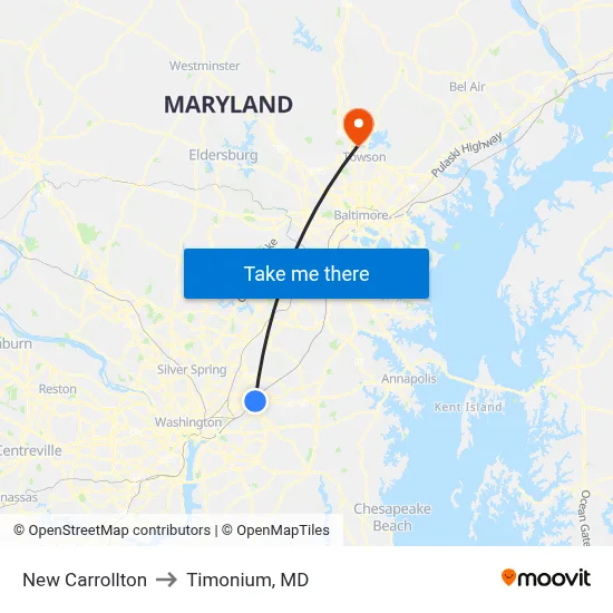 New Carrollton to Timonium, MD map